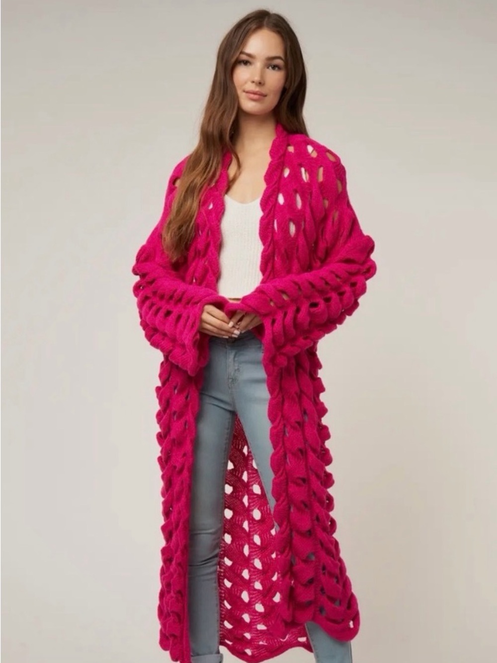 Long Open-Knit Fuchsia Duster Cardigan for Women